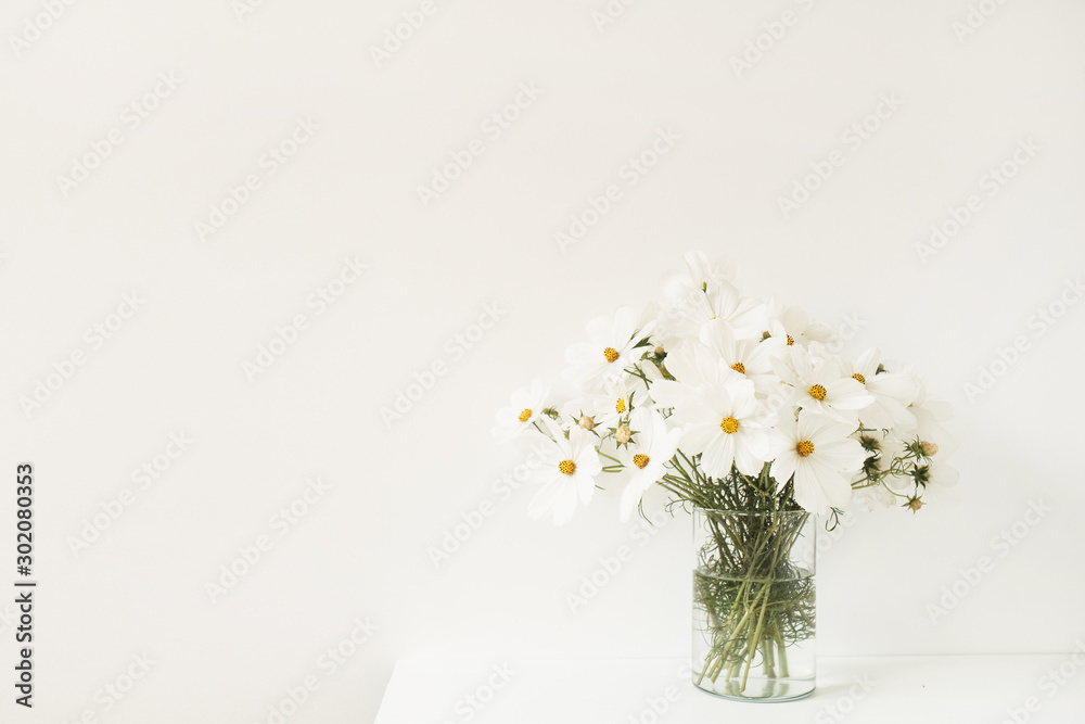 A beautiful background with white chamomile, daisy flowers in vase standing on white table. Holiday, wedding, birthday, anniversary concept. A beautiful background with white chamomile, daisy flowers in vase standing on white table. Holiday, wedding, birthday, anniversary concept.