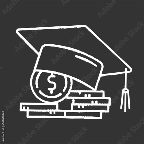 Student loan chalk icon. Credit to pay for university education. Tuition fee. College scolarship. Graduation hat. Budget investment. Academic achievement. Isolated vector chalkboard illustration