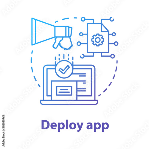 Deploy app concept icon. Software development tools idea thin line illustration. Mobile device programming and coding. Developer tools. Application management. Vector isolated outline drawing