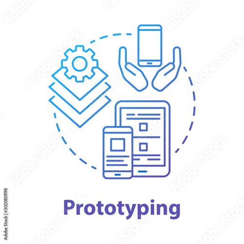 Prototyping concept icon. Software development tools idea thin line illustration. Mobile device app programming. Responsive application design. Application management. Vector isolated outline drawing