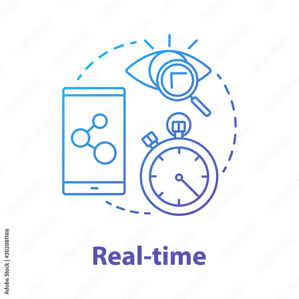 Real-time concept icon. Software development tools idea thin line illustration. Mobile device programming and coding. Application management and optimization. Vector isolated outline drawing