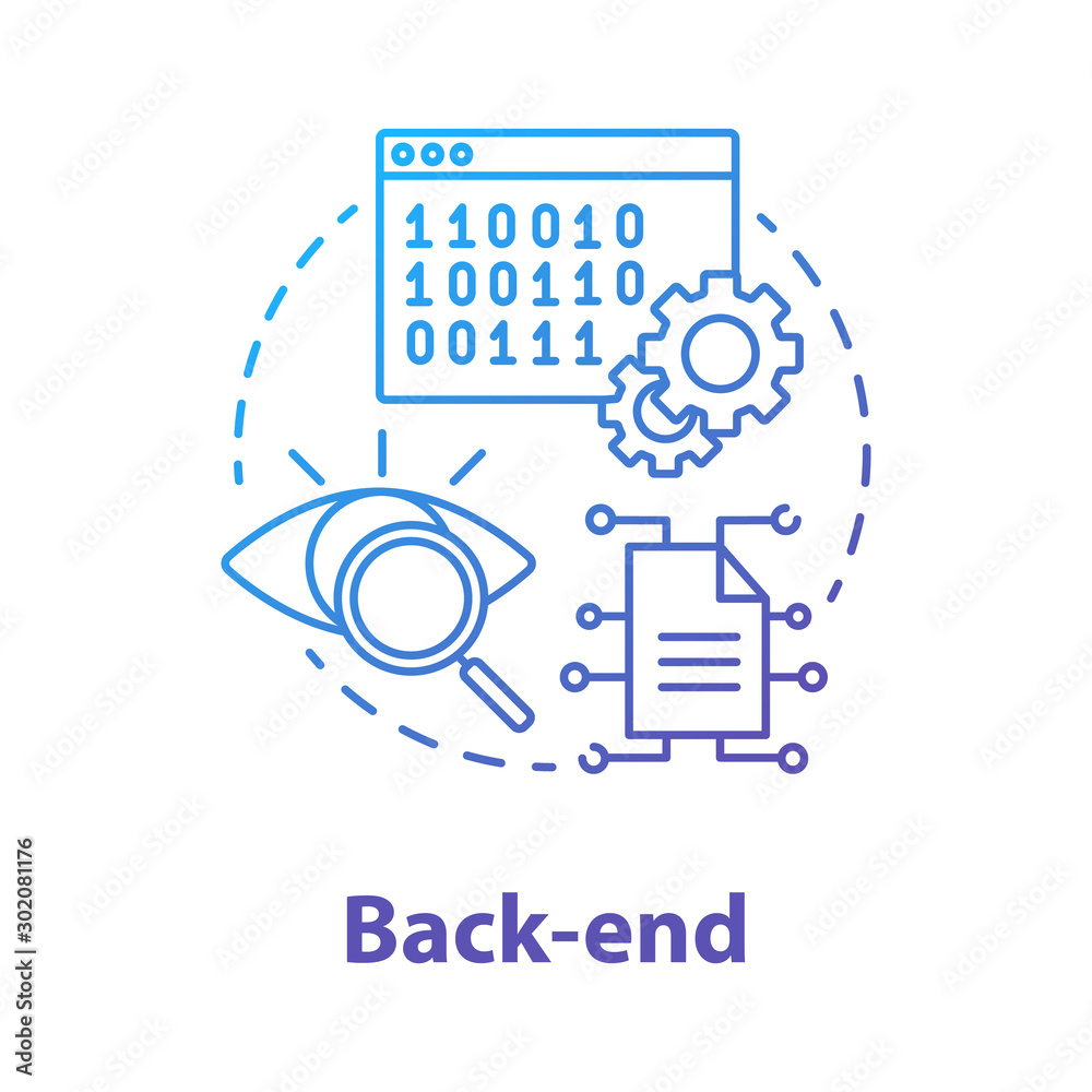 Back-end concept icon. Software development kit idea thin line illustration. Service orchestration. Programming and coding. IT project. Digital data. Vector isolated outline drawing Back-end concept icon. Software development kit idea thin line illustration. Service orchestration. Programming and coding. IT project. Digital data. Vector isolated outline drawing