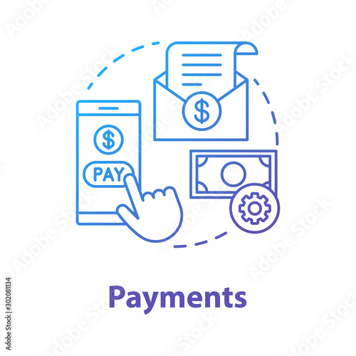 Payments concept icon. Pay online idea thin line illustration. E billing. Financial management app. Expenses tracker application. Internet banking transaction. Vector isolated outline drawing