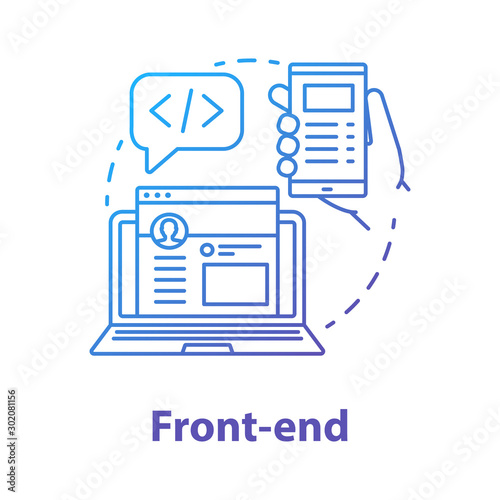 Front-end concept icon. Software development kit idea thin line illustration. Service orchestration. Programming and coding. Responsive website design. Vector isolated outline drawing