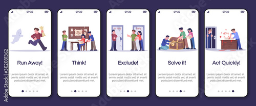 Escape room onboarding mobile app screen vector template. Run away, think, exclude, solve it, act quickly. Walkthrough website steps with flat characters. UX, GUI smartphone cartoon interface concept