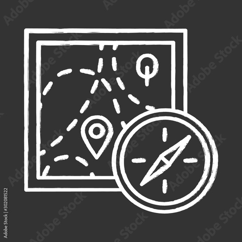 Foot orienteering chalk icon. Topographical map and compass. Navigating in unfamiliar terrain. Navigation equipment. Hiking, tracking. Marked route. Isolated vector chalkboard illustration