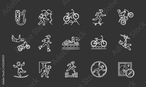 Extreme sports chalk icons set. Climbing, mountaineering. Spelunking. Cycling, rollerskating. Motorcar racing. Street culture. Orienteering skill. Isolated vector chalkboard illustrations