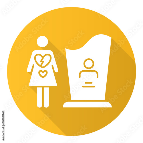 Maternal mortality yellow flat design long shadow glyph icon. Woman grieving. Death of partner, child. Funeral for significant other. Mourn family member. Tomb stone. Vector silhouette illustration