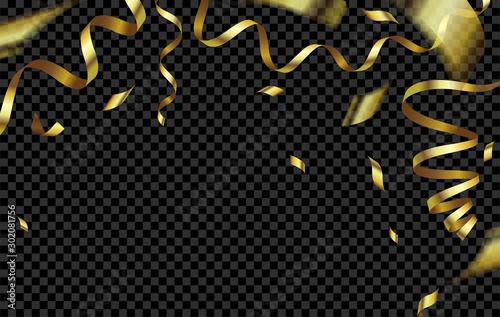 Golden falling serpentine on transparent background.  Golden explosion of confetti. Template  invitation, business card, poster design. Isolated. Vector illustration