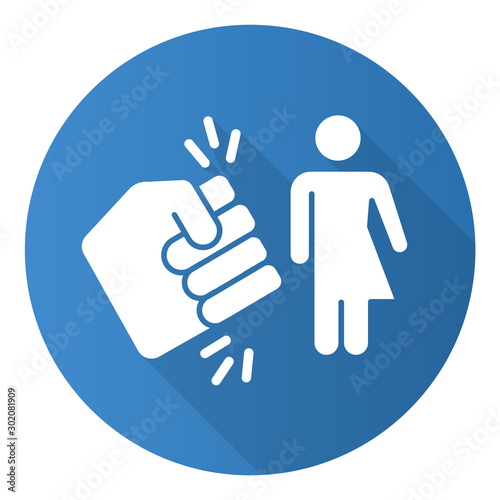 Violance against transwoman blue flat design long shadow glyph icon. Transgender people inequality. Harrassing, bullying trans girl. Intersex, transsexual female. Vector silhouette illustration