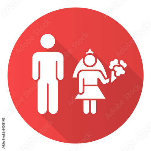 Child marriage red flat design long shadow glyph icon. Forcible wedlock. Compulsory marriage. Female, male rights. Relationship with no consent. Criminal offense. Vector silhouette illustration