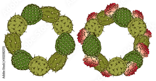 Vector illustration of sketch hand drawn cactus wreath with pink flowers isolated on white background. Vintage poster, retro frame, engraving green cacti plant. Texas. Arizona, Mexico, Spain