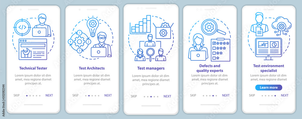 Software testing roles onboarding mobile app page screen vector template. Qulity control experts. Walkthrough website steps with linear illustrations. UX, UI, GUI smartphone interface concept