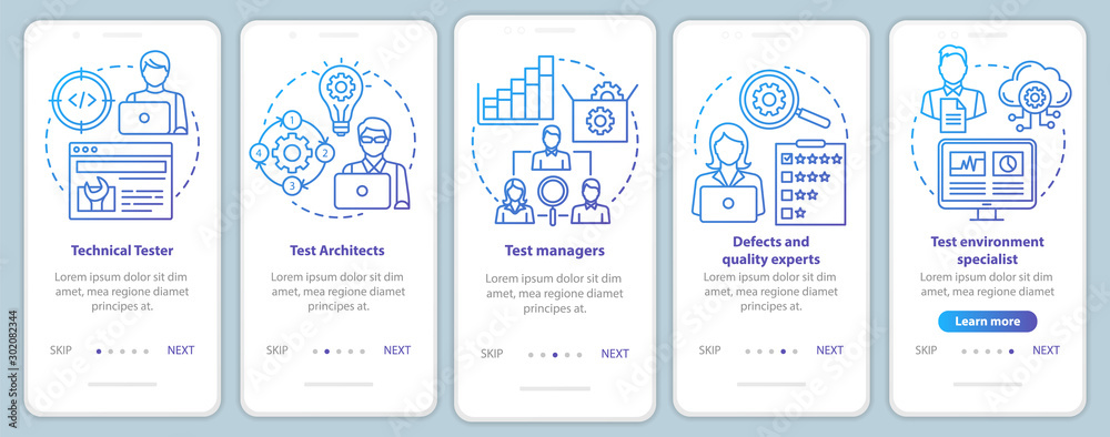 Software testing roles onboarding mobile app page screen vector template. Qulity control experts. Walkthrough website steps with linear illustrations. UX, UI, GUI smartphone interface concept Software testing roles onboarding mobile app page screen vector template. Qulity control experts. Walkthrough website steps with linear illustrations. UX, UI, GUI smartphone interface concept