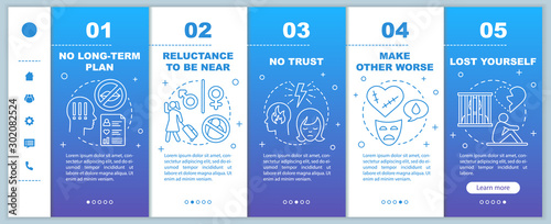 Relationships trouble onboarding mobile web pages vector template. No trust. Responsive smartphone website interface idea with linear illustrations. Webpage walkthrough step screens. Color concept