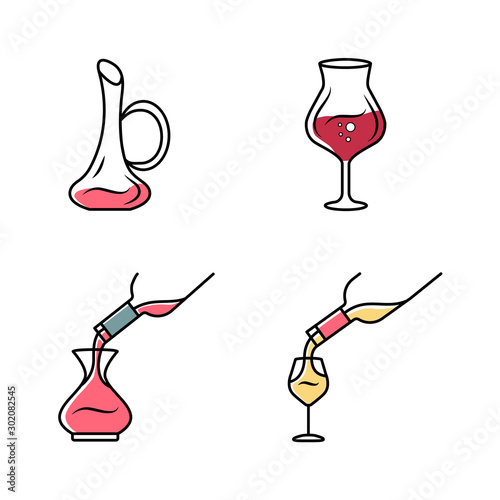 Wine service icons set. Alcohol beverage pouring in glass. Wineglasses, decanters. Different types of aperitif drinks. Sommelier, barman. Bar, restaurant tableware. Isolated vector illustrations