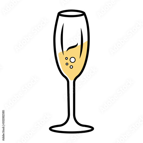 Sparkling wine yellow color icon. Tulip wineglass. Champagne. Alcohol beverage. Party cocktail. Sweet aperitif drink. Tableware, glassware for bar, restaurant. Isolated vector illustration