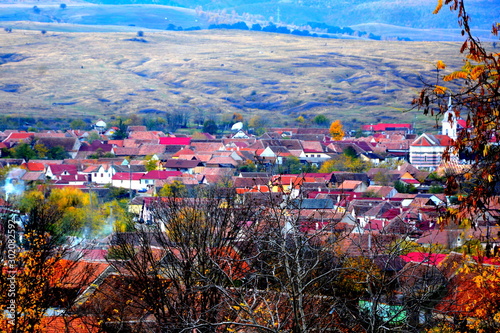 Typical rural landscape and peasant houses in Garbova, Transylvania, Romania. The settlement was founded by the Saxon colonists in the middle of the 12th century