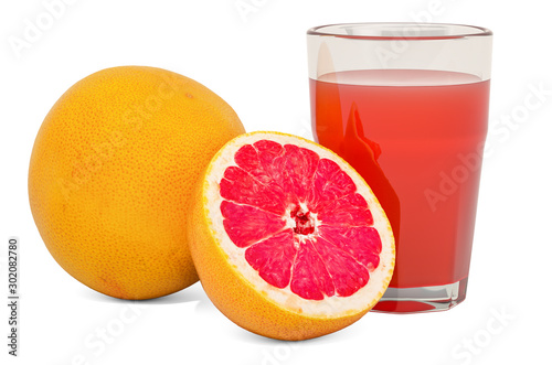 Glass of grapefruit juice with grapefruits, 3D rendering