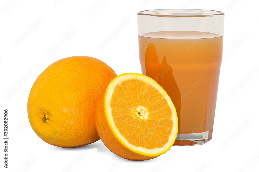 Glass of orange juice with oranges, 3D rendering Glass of orange juice with oranges, 3D rendering