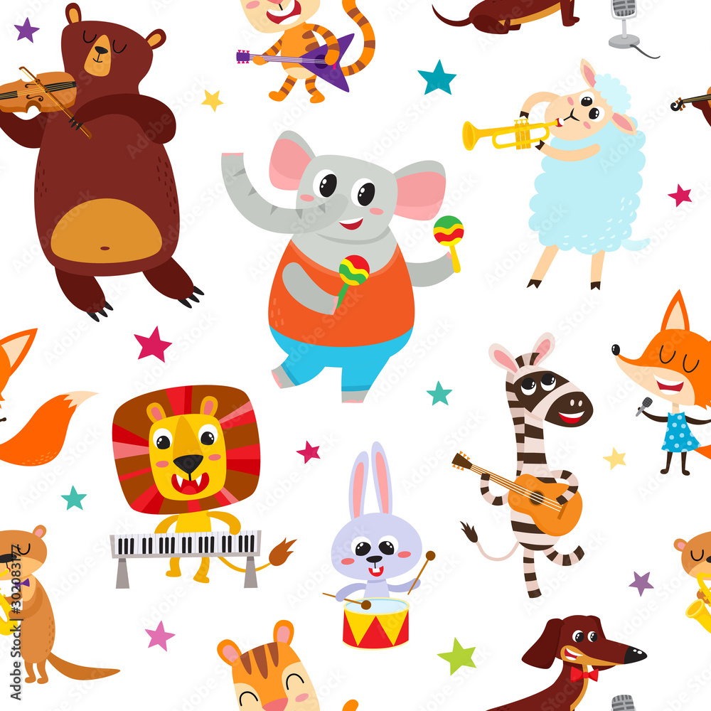 Naklejka premium Cute adorable animals character with musical instrument.