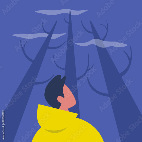 Haunted forest, night spooky scene, young lost male character looking up at the sky