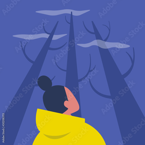 Haunted forest, night spooky scene, young lost female character looking up at the sky