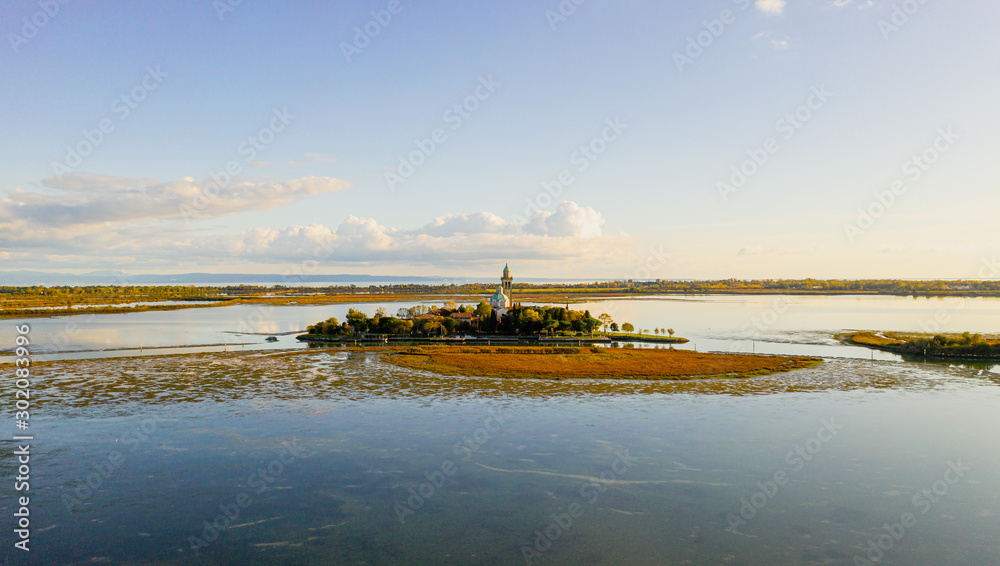 high view of the church in the lagoon