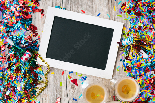 NYE2019: Confetti Party Background with Blank Sign and Champagne