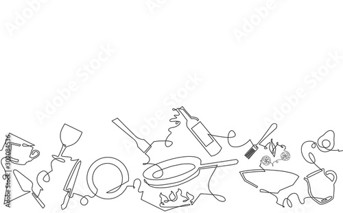 Cooking Seamless Pattern. Background with Utensils. Continuous drawing style. Vector illustration.