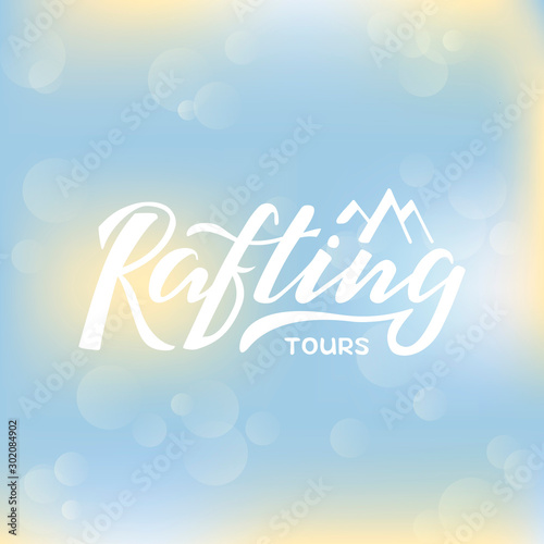 Vector illustration of rafting tours brush lettering for banner, leaflet, poster, clothes, logo, advertisement design. Handwritten text for template, signage, billboard, printing, price list, flyer
