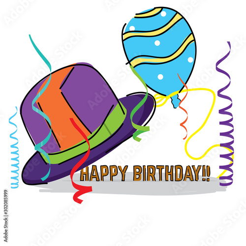 Happy birthday card with a hat and a balloon - Vector illustration