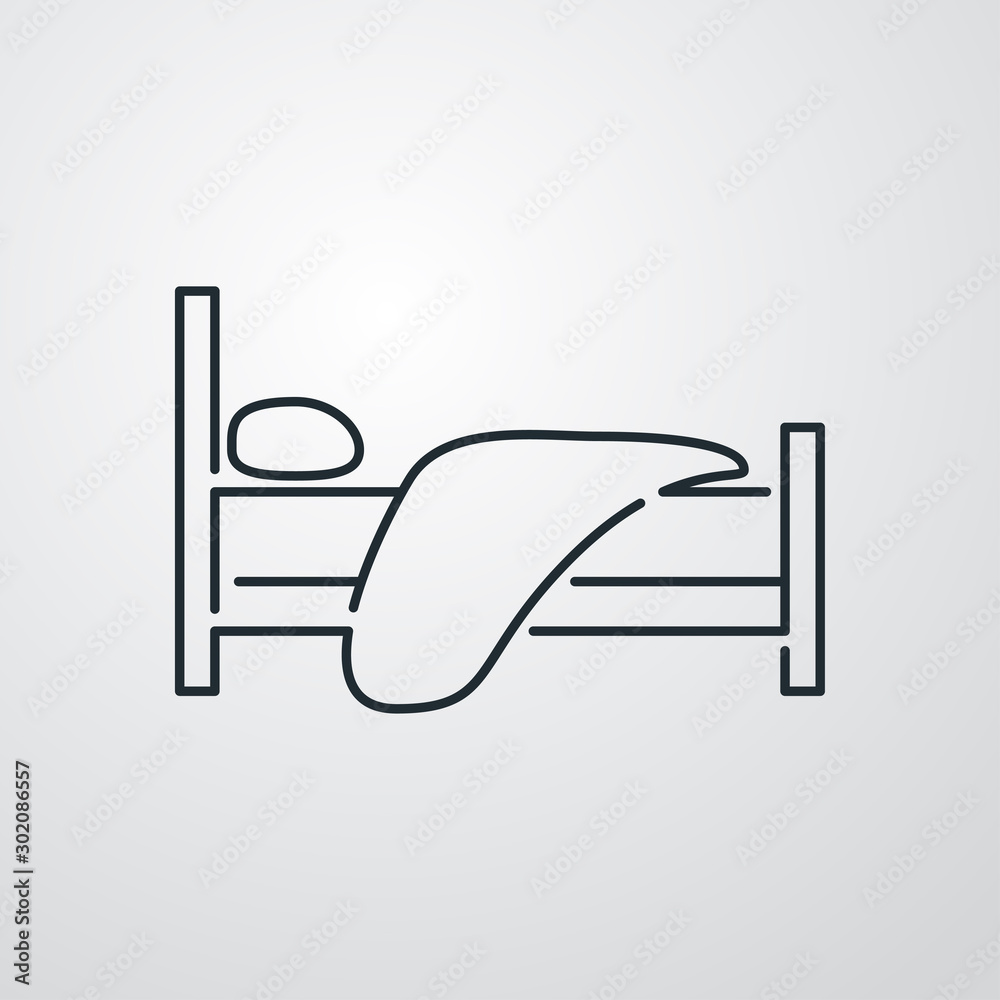 Icono plano lineal cama con almohada y edredon en fondo gris Icono plano lineal cama con almohada y edredon en fondo gris