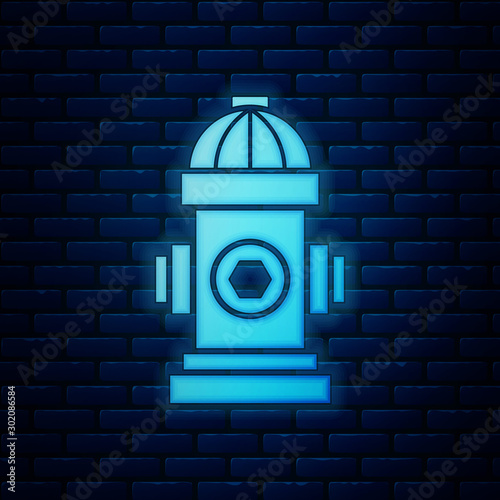 Glowing neon Fire hydrant icon isolated on brick wall background. Vector Illustration