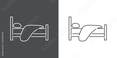 Icono plano lineal cama con almohada y edredon en fondo gris y fondo blanc