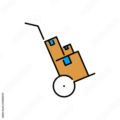 Símbolo logística con icono lineal de carretilla con cajas de cartón en varios colores