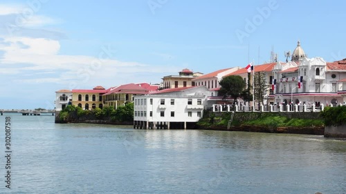 View of waterfront and old town Casco Viejo in Panama City in Panama, sunny sky, day. Gulf of Panama.