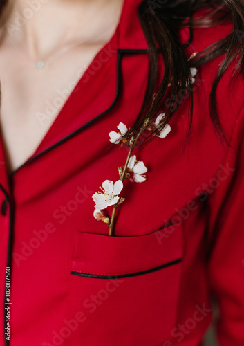 girl red pajamas suit and flowers shoulder