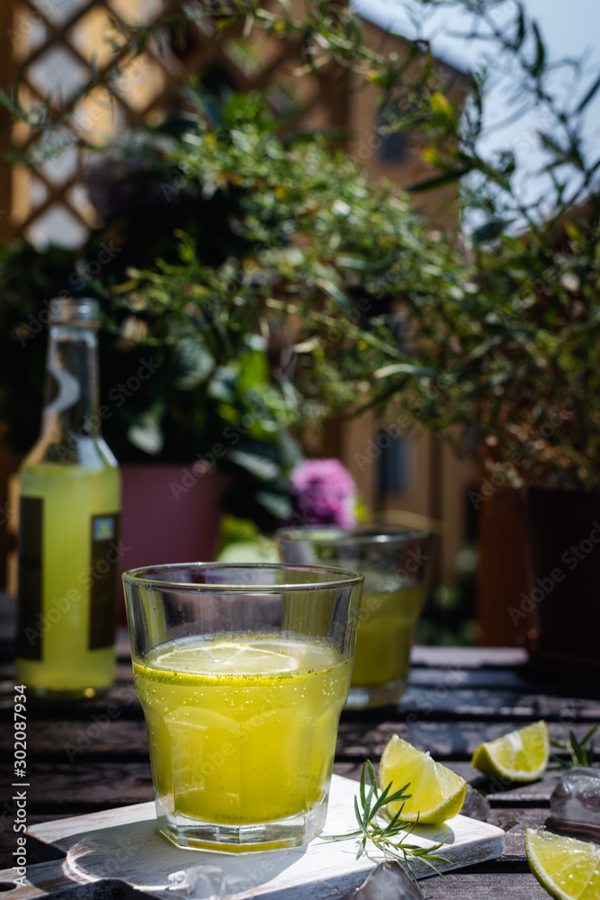 Cold refreshing tarragon, blackberry and raspberry lemonade with ice on wooden rustic table i Cold refreshing tarragon, blackberry and raspberry lemonade with ice on wooden rustic table i