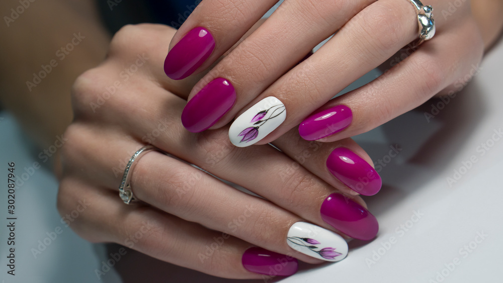 Nails Art Design. Hands With Manicure. Close Up Of Female Hands With Trendy Nails with decorations.