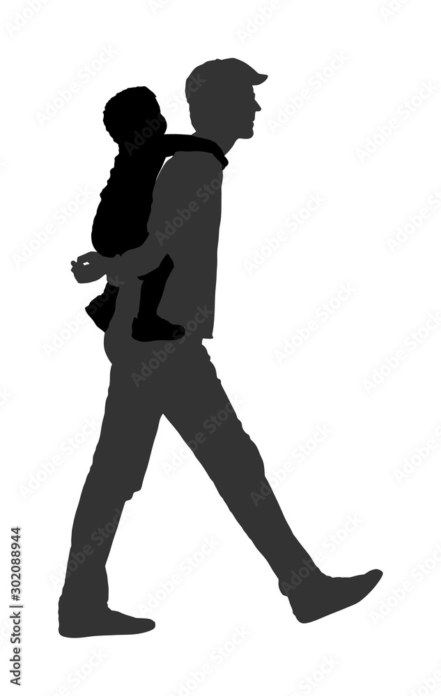 Father carrying son on back and walking vector silhouette. Parent spend time with son. Man holding boy in walk. Fathers day. Happy family closeness in public. I love my dad. Birthday celebration.