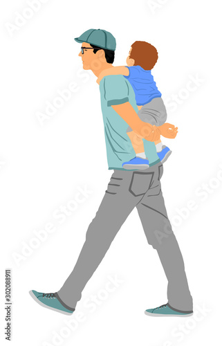 Father carrying son on back and walking vector illustration. Parent spend time with son. Man holding boy in walk. Fathers day. Happy family closeness in public. I love my dad. Birthday celebration.