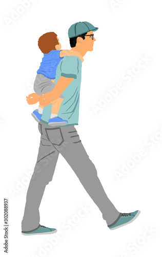 Father carrying son on back and walking vector illustration. Parent spend time with son. Man holding boy in walk. Fathers day. Happy family closeness in public. I love my dad. Birthday celebration.