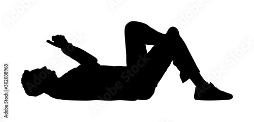 Relaxed lazy man lying down with mobile phone and chat with girl vector silhouette isolated. Tired boy on pause after job. Enjoy in rest. Urban boy ordering fast food by smart phone application. 