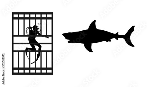 Diver in diving cage observing a great white shark vector silhouette isolated.  Swimming biology research. Brave explorer against shark under water. Scary scene in marine wildlife. Help for swimmers.
