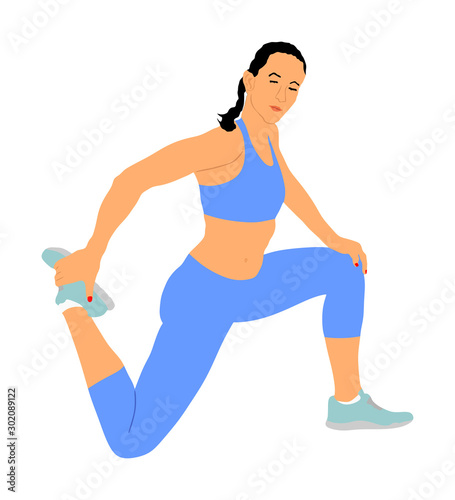 Fitness woman instructor exercise on training in gym vector. Losing weight, bodybuilder. Personal trainer workout. Fit sport lady. Handsome girl stretching and worming up. Female athlete skill.
