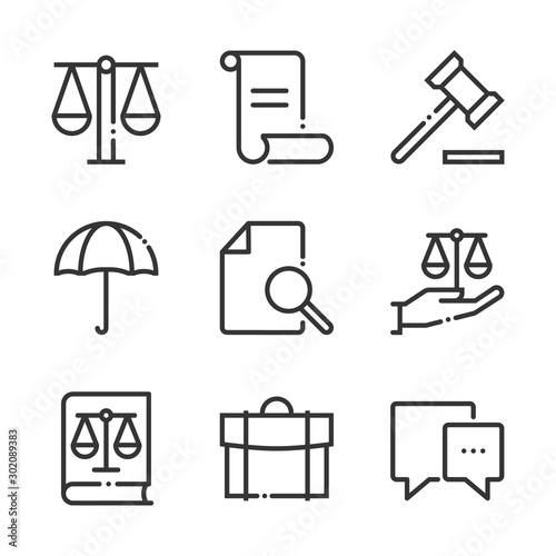 Law and justice bold line icon set
