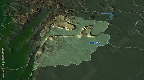 Chaiyaphum - province of Thailand with its capital zoomed on the physical map of the globe. Animation 3D photo