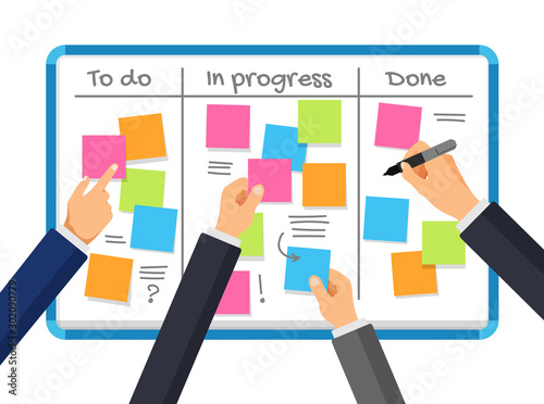 Vector notice board and business planning. Schedule on a task board. Sticker board with the businessman hands. Empty notes on a white board. Teamwork and business time management concept. photo