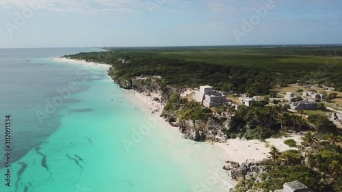 Tulum ruins in the Yucatan in Mexico - a popular destination for tourists. Overlooking the Caribbean Sea in the Riviera Maya. Aerial View photo
